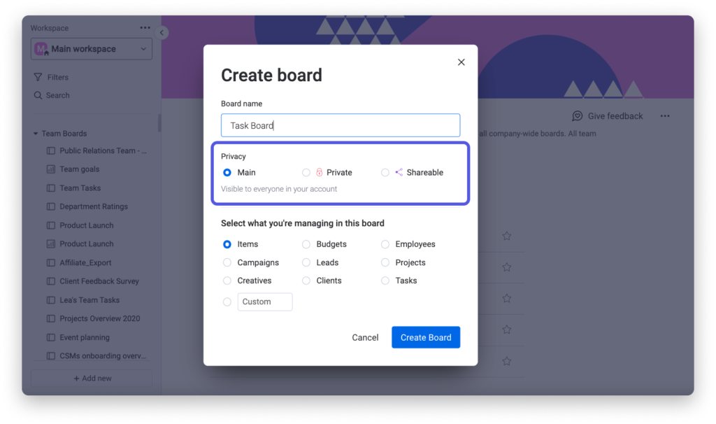 create a board on monday