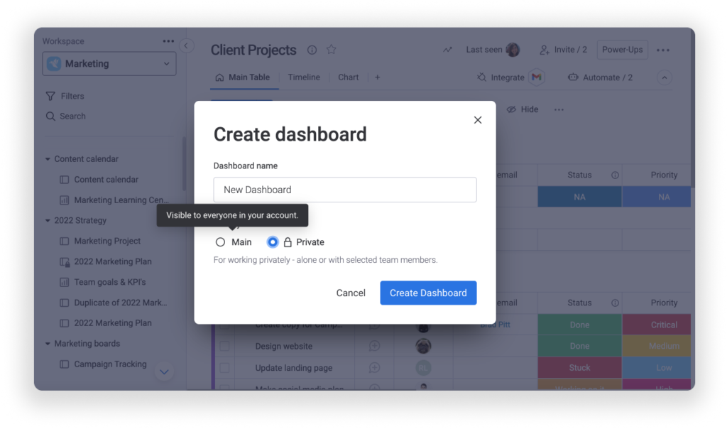 create a dashboard on monday com