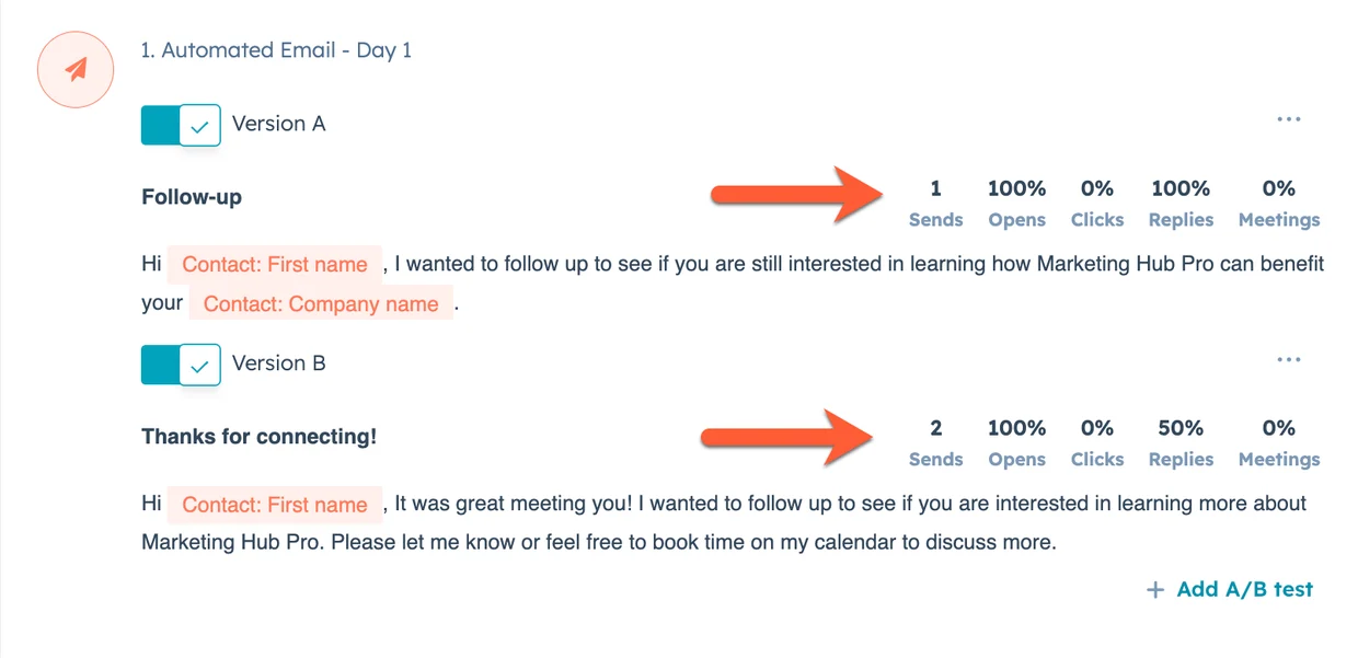 HubSpot CRM email analytics comparing A/B test results