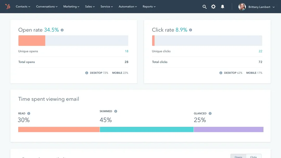 HubSpot CRM email campaign analytics showing engagement metrics.